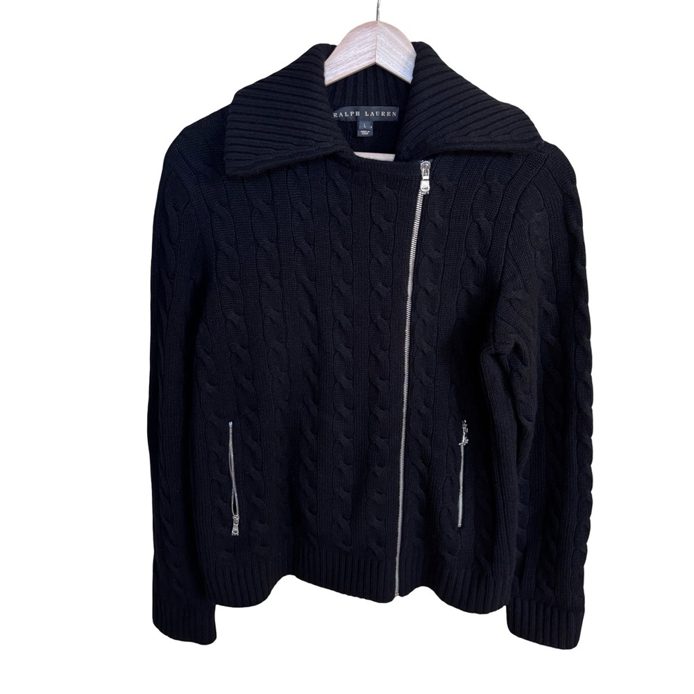 Ralph Lauren Women’s Black Label Moto Asymmetrical Cashmere Cable Knit Sweater L